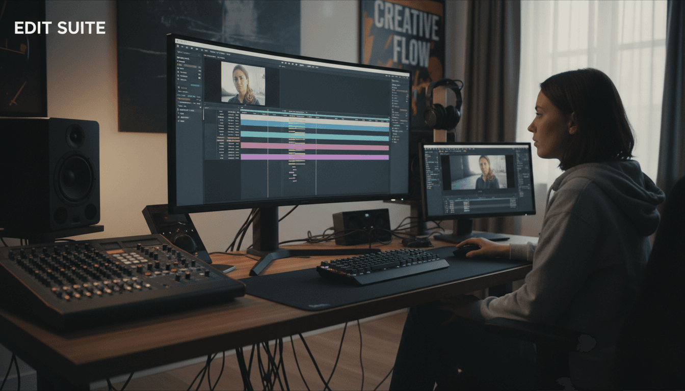 Editor de video trabajando en línea de tiempo con software profesional en monitor