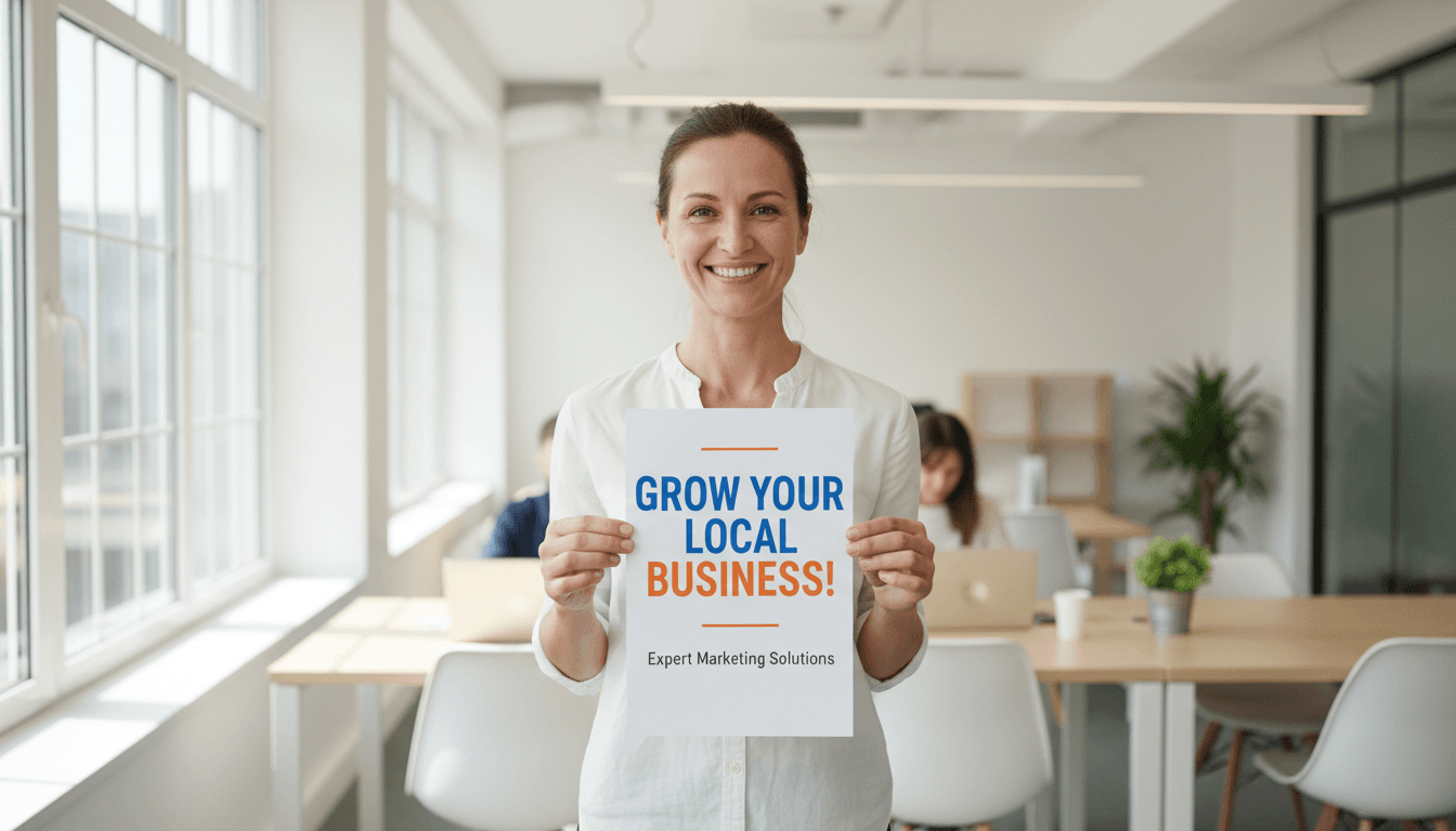 Comerciante local sosteniendo volantes impresos en oficina con luz natural