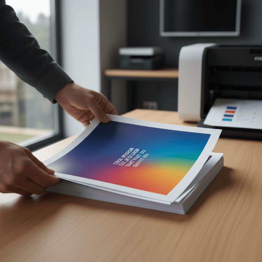 close up of printed documents on a clean desk with a professional printer in background