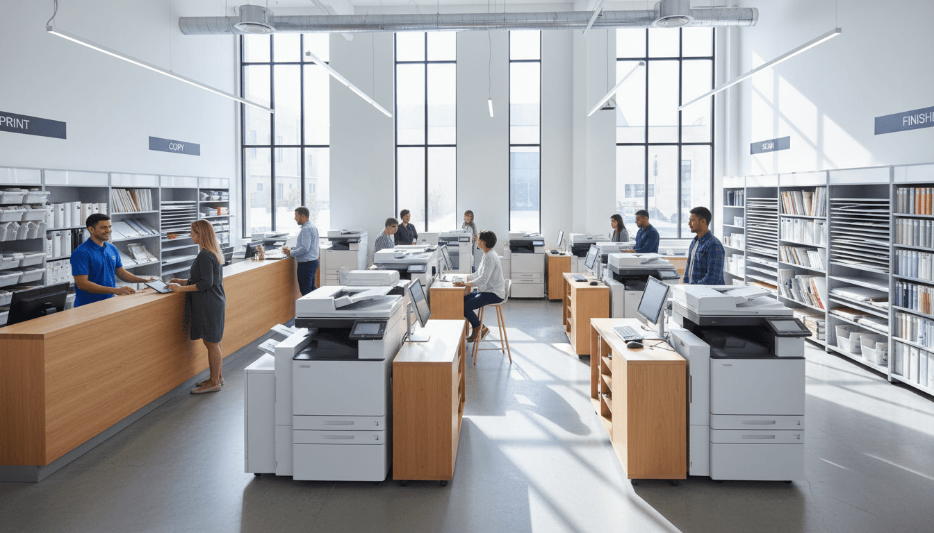 Espacio de trabajo de imprenta con papel y máquina de impresión