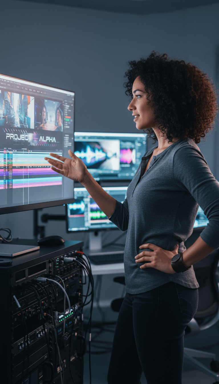 Editor de video trabajando en una línea de tiempo en un estudio de edición profesional