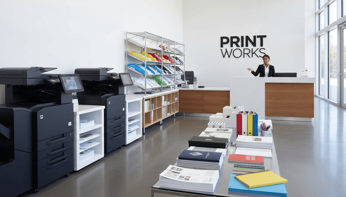 Máquina de impresión trabajando en una tienda de copias moderna y ordenada