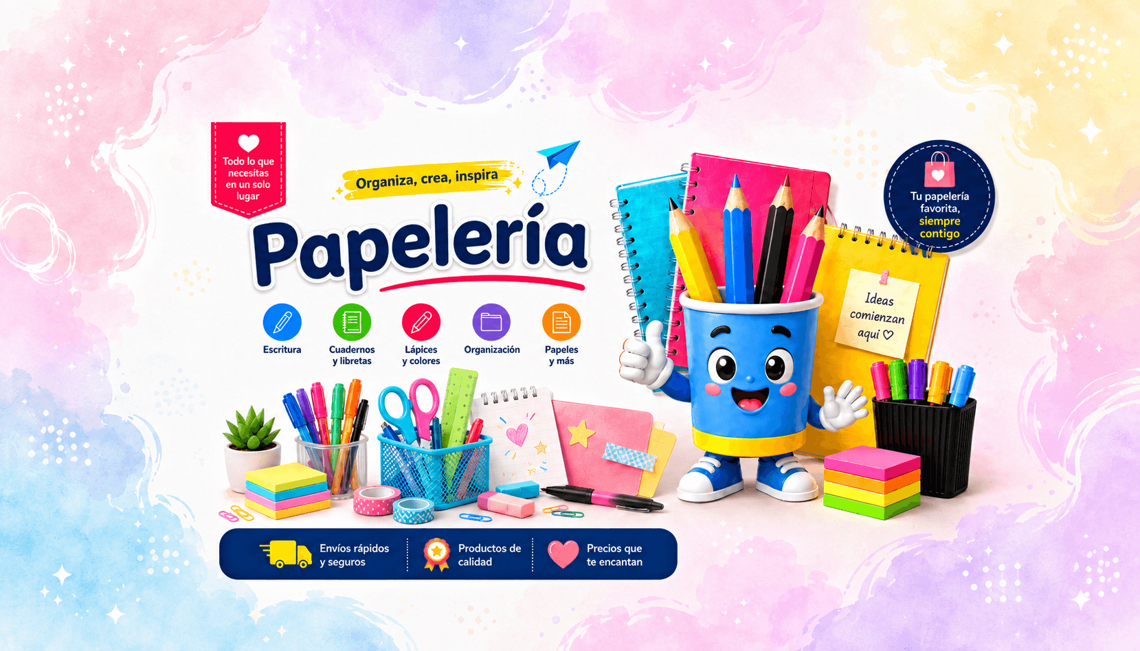 Banner de papelería con útiles escolares, libretas y un simpático personaje animado de portalápices.